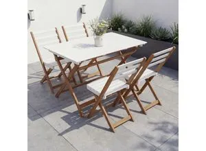 Garnitur MCW-P72, Klappbare Sitzgruppe Lounge-Set Garten 4x Stuhl Tisch - Akazie Holz Natur-Weiß - Platzsparende Gartenmöbelgarnitur aus geöltem Akazienholz. Inkl. 1 Tisch und 4 Stühlen, ideal für Garten, Terrasse oder Balkon. Flexibel und einfach zusammenklappbar für optimale Nutzung Ihres Außenbereichs.