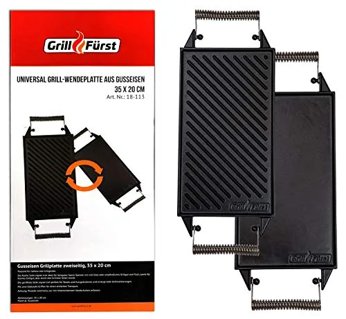 Grillfürst Universal Gusseisenplatte 35 x 20 cm - Pfannen – Massive Gusseisen Grillplatte mit gleichmäßiger Hitzeverteilung für perfekt gegrillte Steaks und Eier, ready to use ohne Einbrennen, vielseitig einsetzbar mit großen Griffen.