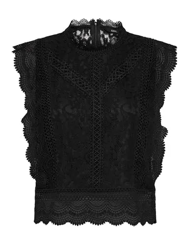 ONLY Damen Onlkaro S/L Lace Top WVN, Schwarz, M - Tanktops & Träger-Tops für Damen: Bequemes Regular-Top mit Rundhals-Ausschnitt, ideal für jeden Anlass und perfekt kombinierbar mit Jeans.