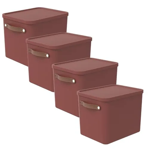 Rotho Maloja 4er-Set Aufbewahrungsbox 27l mit Deckel (Rot) - Aufbewahrungsbehälter mit Deckel, 4er-Set, ideal für systematische Ordnung in jedem Raum - stapelbar und mit praktischen Trageriemen für einfachen Transport!