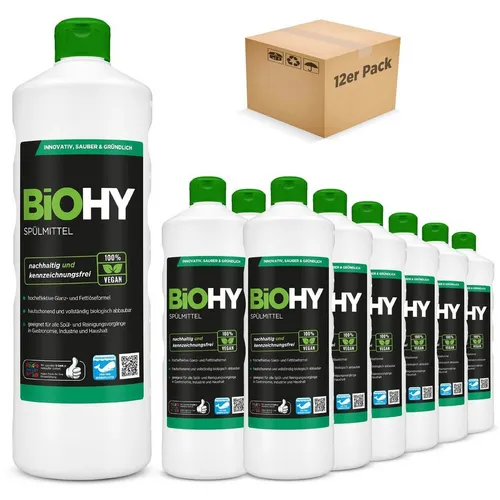 BiOHY Spülmittel (12 x 1 Liter) | Bio Geschirrspülmittel ohne schädliche Chemikalien - Haushaltsreiniger & Staubsauger - Effektiver, biologisch abbaubarer Fettlöser für strahlend sauberes Geschirr, hautschonend und 100% vegan.
