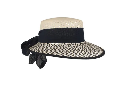 Damen Strohhut Strand-Hut mit asymmetrischer Krempe und Schleife - Blau-Weiß - Sonnenhüte für Damen mit optimalem Sonnenschutz und knautschbarem Design. Perfekt kombinierbar zu jedem Outfit und ein modisches Statement am Strand.