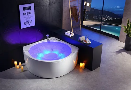 Personen Whirlpool 150x150 Melbourne - Vollausgestatteter Indoor Whirlpool für bis zu 2 Personen. Halbkreisform, aus hochwertigem Acryl, ideal für entspannende Wohlfühlmomente im eigenen Bad.