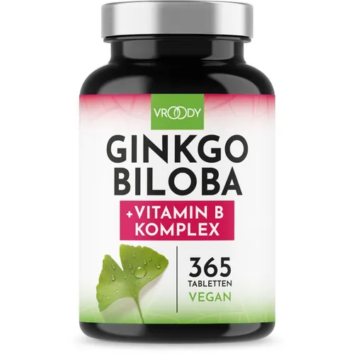 Vroody Ginkgo Biloba 6000mg - B-Vitamin Power Komplex Kapseln - Pflanzenextrakte mit 6000mg Ginkgo Biloba pro Tablette, laborgeprüft und ohne Zusätze für optimale Unterstützung der geistigen Leistungsfähigkeit.