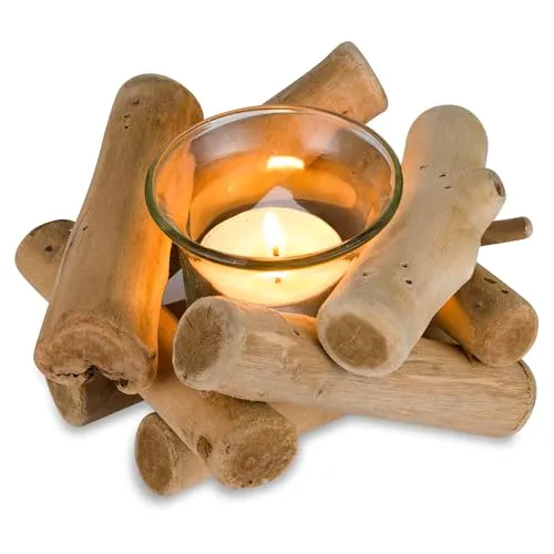 Sziqiqi Rustikale Kerzenständer Teelichthalter Holz, Kerzenhalter Vintage mit Glas Tasse Windlicht Treibholz Deko Kerzenleuchter für Wohnzimmer Hochzeit Esstisch Tischdeko