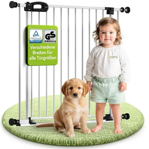 Bomi Treppenschutzgitter Merle Flatstep, Breite 71-79 cm | Türschutzgitter ohne Bohren, stabile Kindersicherung für Kind & Hund, TÜV geprüftes Hundegitter, Türgitter, Treppengitter, Metall Weiß