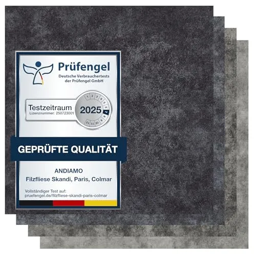 andiamo Teppichfliesen selbstklebend – 25 Stück, 40x40 cm Filz Bodenbelag für Wohnräume, DIY, leicht verlegbar, für Fußbodenheizung – Premium 4 m², Anthrazit Marmor