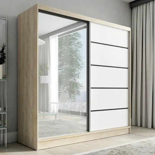 Schwebetürenschrank NERO 2, 2-türig mit Spiegel - Schwebetürenschrank in modernem Design, 200 cm breit, mit hochwertigem Schiebetürsystem für müheloses Öffnen. Ideal für stilvolle Schlafzimmer und maximale Stauraumnutzung.