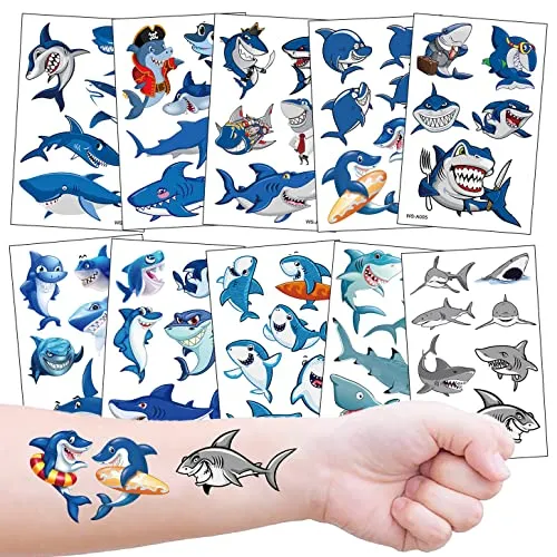 Hai Kinder Tattoos zum Aufkleben, 10 Blätter Haifisch Hautfreundliche Kindertattoos für Mädchen Jungen zum Geburtstag Mitgebsel