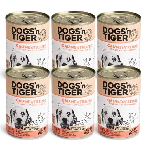 Dogs’n Tiger Adult Premium Nassfutter für Hunde, Gaumenfreude, Hunde Nassfutter, Rezeptur mit 67% Fleischanteil an Geflügel, ohne Zucker, Getreide & künstliche Aromen, 6X 400g