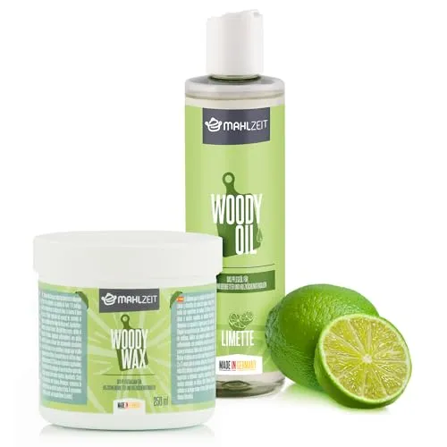 Mahlzeit Holzpflege Set WOODY WAX Holzpflege aus Bienenwachs + WOODY OIL Holzöl für Schneidebretter und Holzküchenutensilien, 2x 250 ml, Limettenduft | 100% natürlich | Holzschneidebretter, Balsam