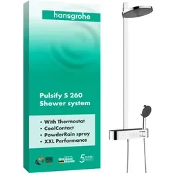 hansgrohe Pulsify S Showerpipe 24240000 mit Brausethermostat - Brausegarnituren mit Kopfbrause und Handbrause, innovativer CoolContact-Technologie für mehr Sicherheit und komfortable Nutzung von bis zu 3 Wasserverbrauchern gleichzeitig.