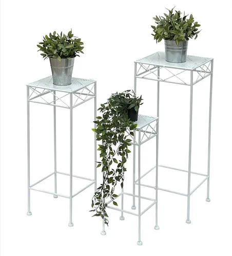DanDiBo Blumenhocker Weiß Metall Eckig - Modern und Vielseitig - Blumentreppen aus stabilem Metall, ideal als Pflanzenständer oder Beistelltisch. Fertig montiert, mit dekorativem Design und bodenschonenden Füßen. Maximale Gewichtsbelastung: 20 kg.