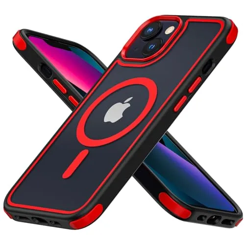 MobNano Hybrid Magnetisch Durchsichtig Hülle für iPhone 13 Hülle, iPhone 14 Hülle [Kompatibel mit MagSafe] Stoßfest Bumper Transparent Starke Magnet Handyhülle Silicone iPhone 13 14 Case - Schwarz/Rot