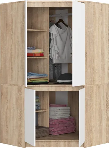 BDW Eckschrank Schlafzimmer, Kleiderschrank, Eckkleiderschrank, Sonoma-Eiche / Weiß, 180x100x50