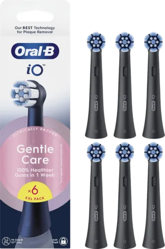 Oral-B iO Gentle Care Schwarz (6 Stück) - Zahnpflegeartikel mit 6 sanften Aufsteckbürsten für eineinhalb Jahre. Die dünnen Borsten schützen Zähne und Zahnfleisch und ermöglichen eine gründliche, sanfte Reinigung für empfindliche Bereiche.