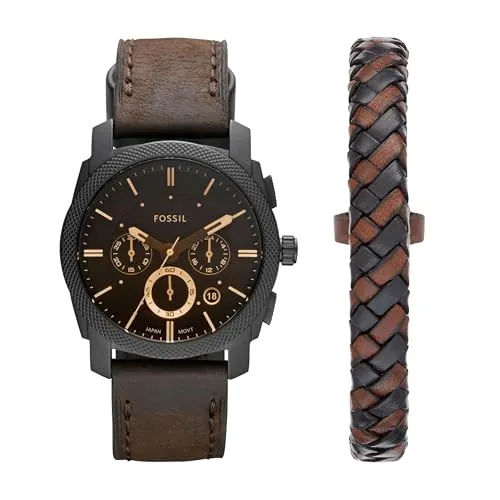 Fossil Herrenset FS5251SET - Armbanduhren für Herren, klassischer Stil mit braunem Lederarmband und Edelstahlgehäuse, wasserdicht bis 50 m, ideal für jeden Anlass.