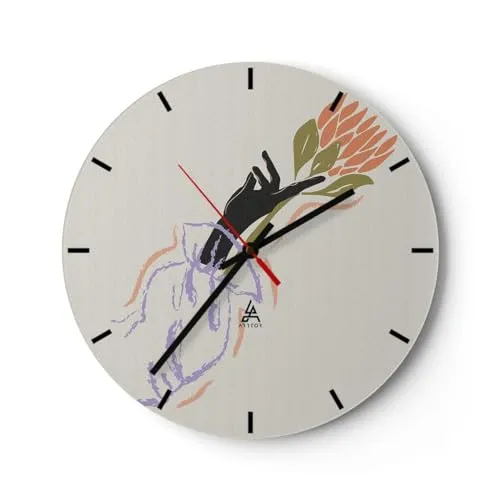 Modern Wanduhr Hand Blume Minimalismus 30x30cm Rund Klein Wand Uhr Glas Analog Zimmeruhren Küche Büro Wohnzimmer Glasuhr Wall Clock Dekoration Design Wanddekoration Küchenuhr C3AR30x30-6019