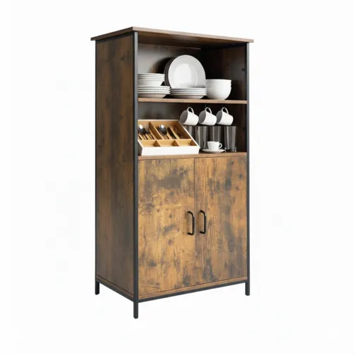 Relaxdays Küchenbuffet Küchenschrank im Industrial Style - Buffetschrank im modernen Industrial Look mit warmem Holz und stabilem Metallrahmen. Ideal für Küche und Esszimmer, bietet er flexiblen Stauraum und verstellbare Füße für sicheren Stand.