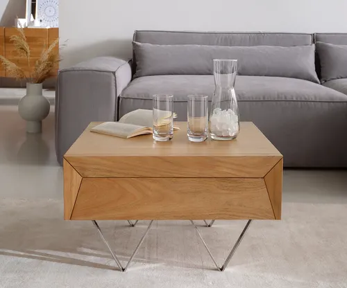 DELIFE Wohnzimmertisch Kayu aus Akazie mit 2 Schüben in beige von Delife