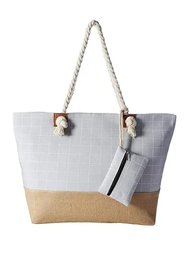 DonDon große Strandtasche XXL mit Reißverschluss - Umhängetasche Damen - große Badetasche für Urlaub vielseitige Shopper Tasche Damen für Strand Urlaub Must Haves Beach bag - Karo grau