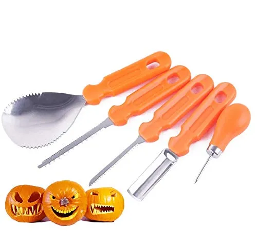 iwobi Halloween Kürbis Schnitzset, 5 Stück Edelstahl Schnitz Werkzeuge für Halloween Kürbis Dekoration