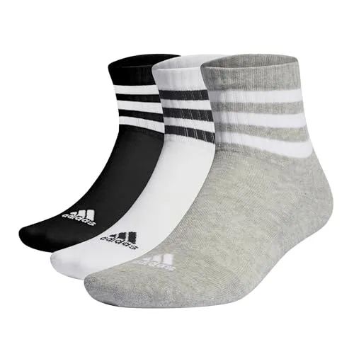 adidas Unisex 3-Stripes Cushioned Sportswear Mid-Cut Socks 3 Pairs, Medium Grey Heather / White / Black, 10.5-12.5