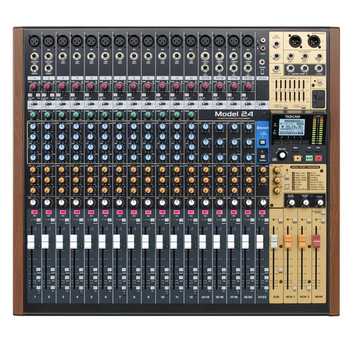 Tascam Model 24 - Analogmischpult mit Recorder - Studio & Recording; 22 Kanäle, integrierter 24 Spur Rekorder und Bluetooth-Empfänger für kabellose Audioquellen.