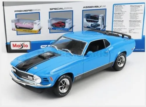 Maisto Ford Mustang Mach 1 (1970) - Modellauto 1:18, detailgetreu in Blau, bewegliche Teile für Sammler und Ford-Fans