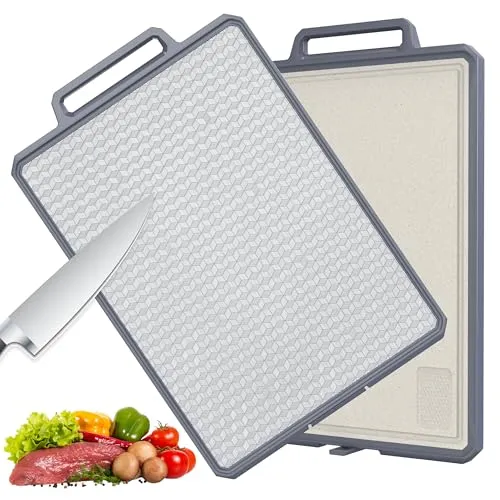 ROTTOGOON Schneidebrett Edelstahl Doppelseitiges Schneidebrett Kunststoff für die Küche 40 cm x 27 cm Großes Küchenbrett mit Saftrinne Praktischer Griff und Bodenhalterung