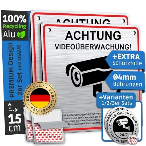 SCHILDERBOXX® 2er Set Schild Videoüberwachung DSGVO [15x15cm, 100% Alu, 3M Tape] - Aufkleber Videoüberwacht Privatgrundstück, Kameraüberwachung Grundstück Video Überwacht, Achtung Kamera Überwachung