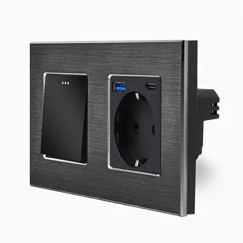 LUXUS-TIME Wechselschalter mit USB A/C Steckdose - Steckdosen & Zubehör mit elegantem Alurahmen, ideal für die Aufladung von Geräten und kindersicher. Universelle Kompatibilität und einfache Montage.