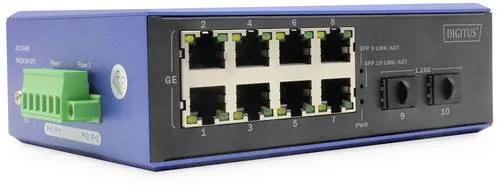 DIGITUS PoE Netzwerk-Switch - 10-Port Gigabit Ethernet, 8x RJ45 + 2x SFP, robustes Metallgehäuse nach IP40 für industrielle Anwendungen