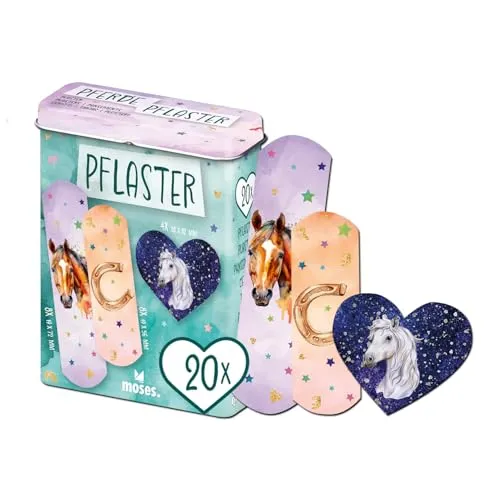 moses. Pferde Pflaster – 20 Kinderpflaster in 3 Größen mit Pferde-Motiven, elastisch & luftdurchlässig, Heftpflaster in praktischer Pflasterbox aus Metall, für kleine Wunden, ideal als Mitbringsel