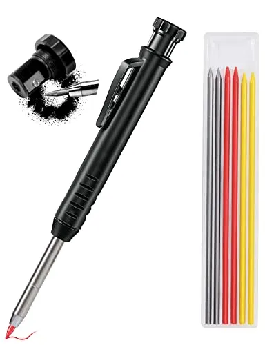 Wzone Tieflochmarker Schwarz mit Minen Markierungsstift Tischler Bleistift Baustift Ölhaltiger mit Anspitzer Baustellen Stift DIY Tiefloch Markierwerkzeug auf Holz Metall Betonfliesen