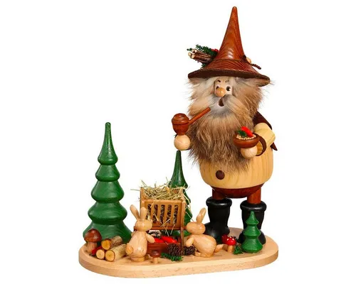 DWU Räuchermann Waldwichtel Futterkrippe - Nussknacker: Traditioneller Räuchermann aus dem Erzgebirge, handgefertigt aus Holz und ideal für festliche Weihnachtsdekoration.