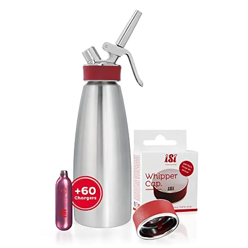 ISI Gourmet Whip Sahnespender 1L Set - Schlagsahnebereiter mit 6 x 10 Sahnekapseln, aus 100% Edelstahl für perfekte Saucen, Suppen und Desserts - Made in Austria für höchste Qualität und Langlebigkeit.