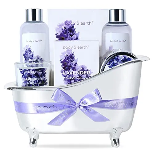 BODY & EARTH Lavendel Wellness Set für Frauen 7 tlg, Beauty Set, Badeset Frauen Geschenk, Geburtstagsgeschenk für Mama, Freundin Geschenkbox Valentinstagsgeschenke