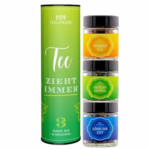 Hallingers Genuss Manufaktur 3 Sorten Tee Geschenkset, lose und vegan in Schraubgläsern, Teesortiment als Geschenk