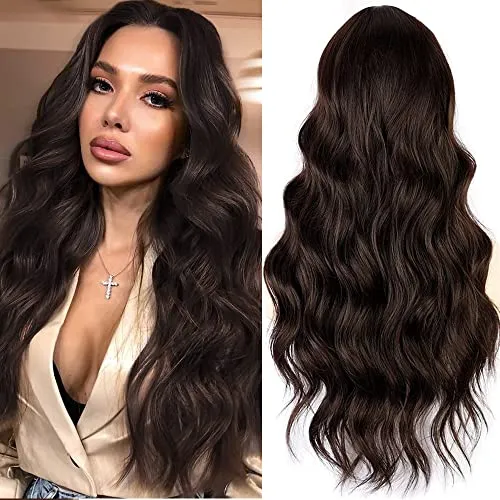 PORSMEER Perücke Damen Dunkelbraun Lang locken Gewellt Natürliche Synthetische Haar Wig Perücken für Frauen/Mädchen alltagstauglich Cosplay Kostüm Fasching Party Wig