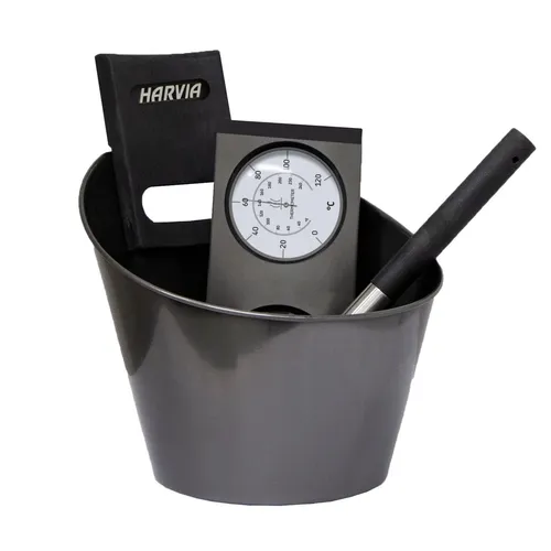 Harvia Sauna Zubehörset Black Steel: Saunakübel, Kelle und Thermo-Hygrometer aus Edelstahl - Sauna-Zubehör für ein perfektes Saunaerlebnis, mit hochwertigem Edelstahl und stilvollem Design für mehr Komfort und Funktionalität.