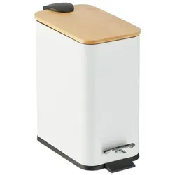 Relaxdays Mülleimer Bad, 5 Liter mit Bambusdeckel - Modischer Kosmetikeimer aus Metall für Bad und Gäste-WC, mit praktischem Tretmechanismus und entnehmbarem Inneneimer für einfache Reinigung.
