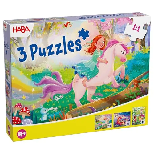 HABA Puzzles Zauberträume – 3er Set Kinderpuzzles mit echtem Glitzer-Effekt – Motive: Einhorn, Fee & Prinzessin – Ab 4 Jahren – 24, 35 & 48 Teile 2013401001