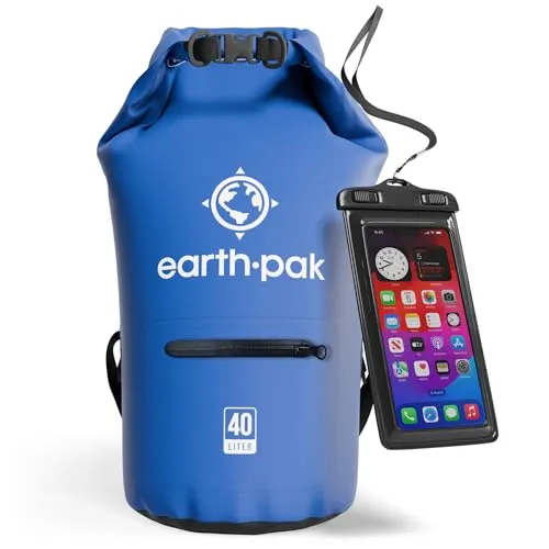 Earth Pak Dry Bag – wasserdichter Packsack mit Reißverschluss Tasche, Schultergurt und wasserfester Handyhülle – ideal beim Kajak Fahren, Camping, Angeln, Bootfahren und Rafting (Blau, 20L)