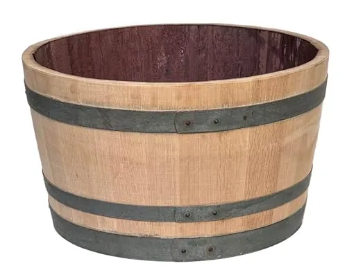 Temesso Pflanzkübel D70cm - Geschliffenes Weinfass für Pflanzen oder Miniteich - Halbiertes, geschliffenes Weinfass als Pflanzkübel oder Miniteich. Mit 100 Liter Volumen und robustem Eichenholz, ideal für kreative Gartenlösungen. Maße: Durchmesser 70cm, Höhe 40cm.
