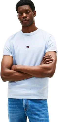 Tommy Hilfiger Herren T-Shirt Kurzarm Slim Fit, Blau (Heathered Blue), XL - Rundhalsshirts aus 100% Bio-Baumwolle, figurbetont und ideal für lässige Freizeit-Looks, mit dem ikonischen Tommy Hilfiger Logo auf der Brust.