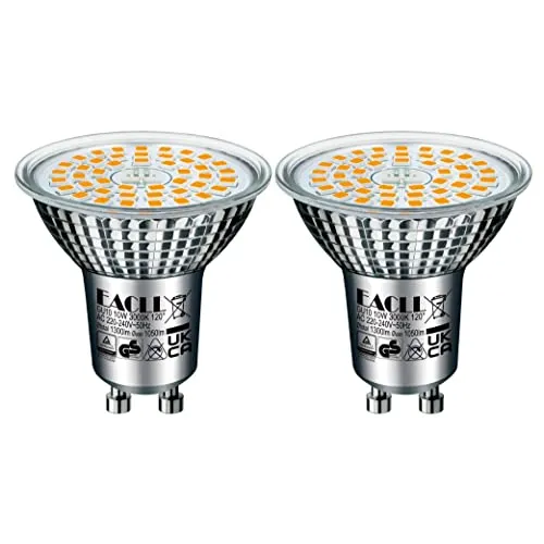 EACLL GU10 LED Warmweiss 10W - 2er-Pack, ersetzt 140W Halogen - Energiesparlampen mit 1050 Lumen und 3000K, flimmerfrei und sofortige Helligkeit. Hohe Lebensdauer von über 30.000 Stunden, ideal für eine angenehme Innenbeleuchtung.