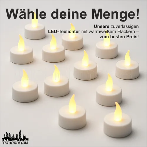 1-100 Auswahl LED Teelichter inkl. Batterie mit 3D Flammen- Flacker-Effekt Kerze