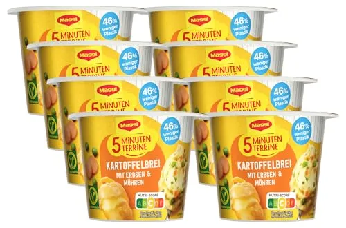 MAGGI 5 Minuten Terrine Kartoffelbrei mit Erbsen und Möhren, leckeres Fertiggericht mit Gemüse, Instant Kartoffel-Püree, Kartoffel-Snack, 8er Pack (8 x 43g)