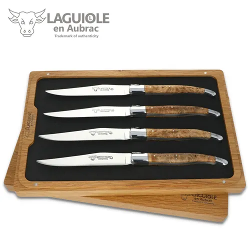 Laguiole en Aubrac Steakmesser 42C99TYIH BRI 4er Set - Edles Design in Holzbox - Handgefertigte Steakmesser mit Lindenholzgriffen und kunstvollen Verzierungen. Jedes Messer ist ein Unikat und bringt Eleganz auf Ihre Tafel. Ideal für besondere Anlässe oder als stilvolles Geschenk.